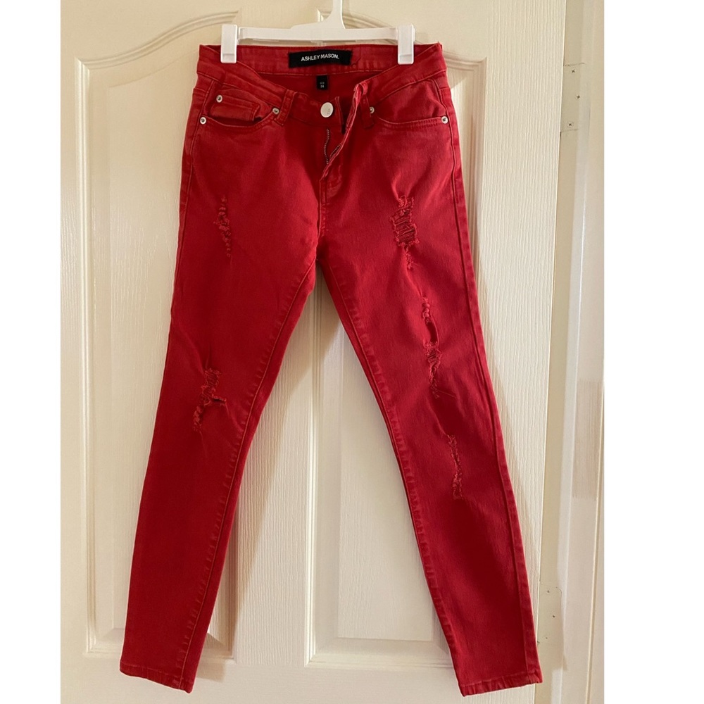 Ashley Mason Distressed Crop Red Jeans